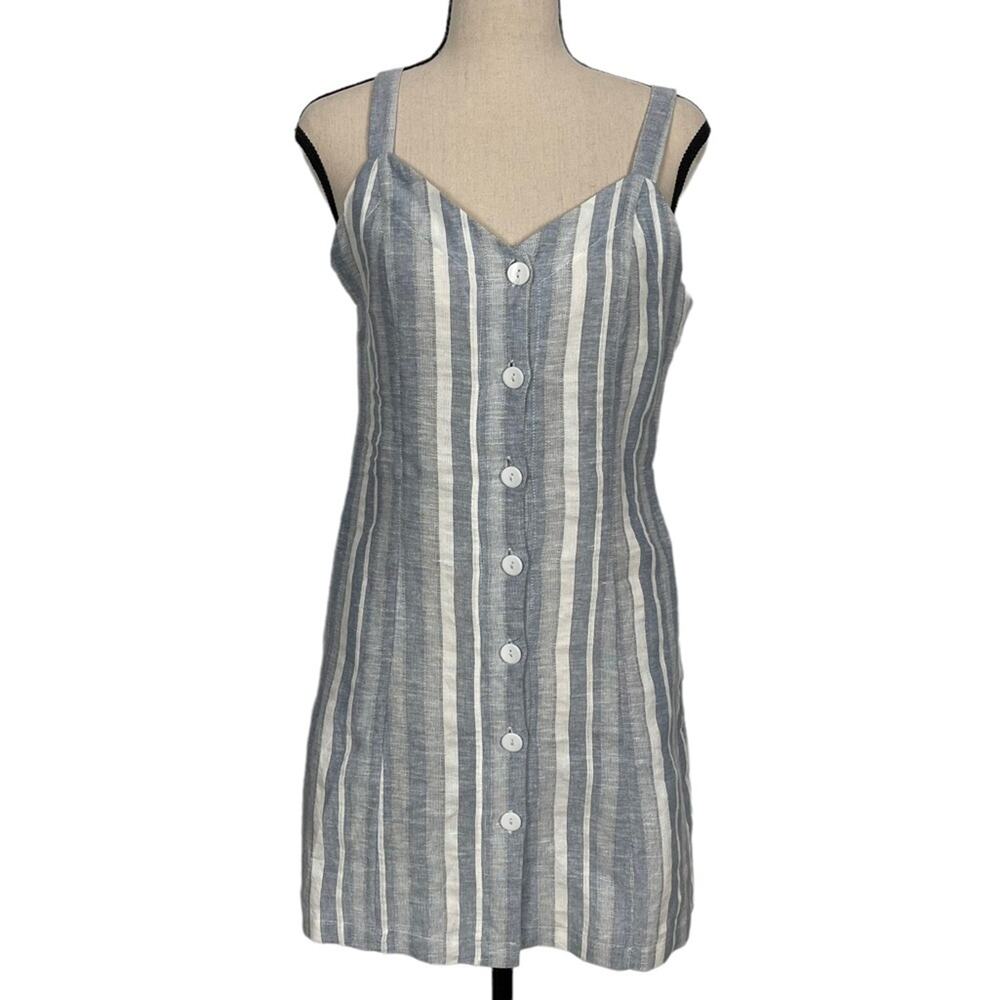 Aqua Striped Button Front Linen Blend Mini Dress Size Small